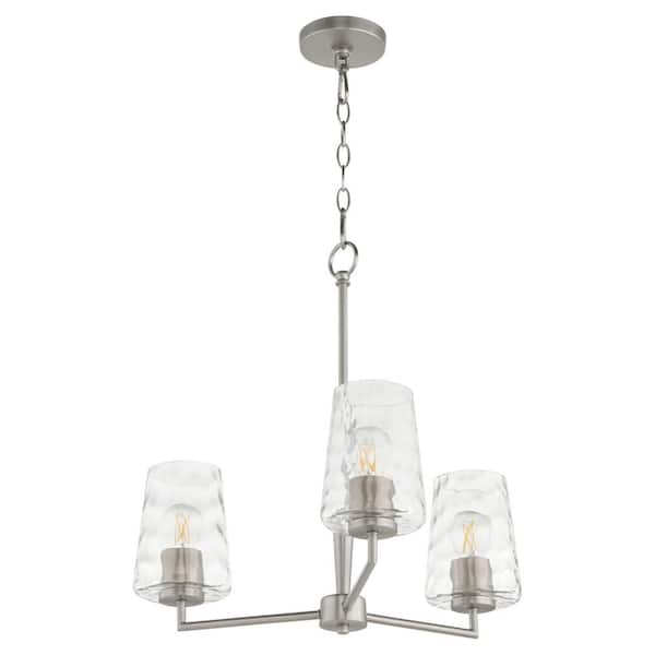 Goodwin 60-Watt 3 Light Satin Nickel Chandelier Light with Clear Hammered Glass Shade, No Light Bulb Included