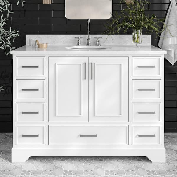 ARIEL Stafford 49 in. W x 22 in. D x 35.25 in. H Single Sink Freestanding Bath Vanity in White with Carrara White Marble Top