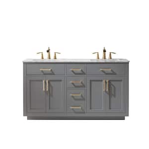 Ivy 60 in. Bath Vanity in Gray with Carrara Marble Vanity Top in White with White Basins