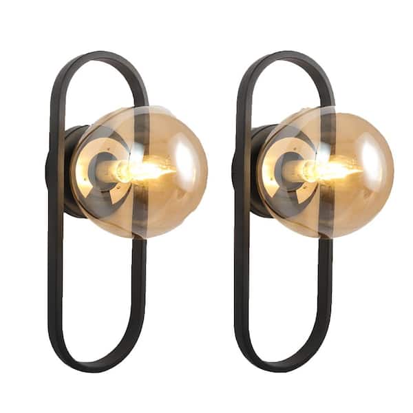 Lukyamzn Upgraded 1 Bulb Matte Black Wall Sconce with Amaber Globe Glass Shade 2-Pack