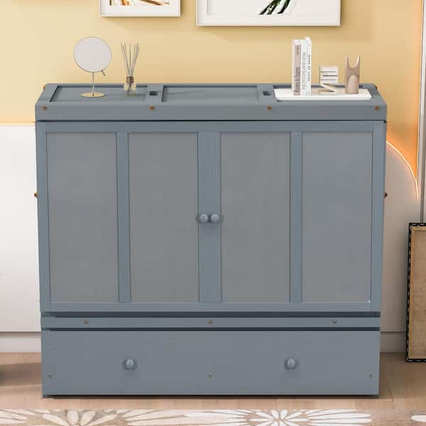 Gray Wood Frame Full Murphy Bed with USB Port and a Large Drawer