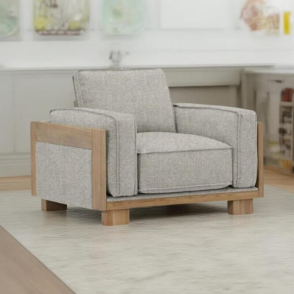 Benjara Denu Light Gray and Natural Brown Fabric Accent Chair with Track Arms