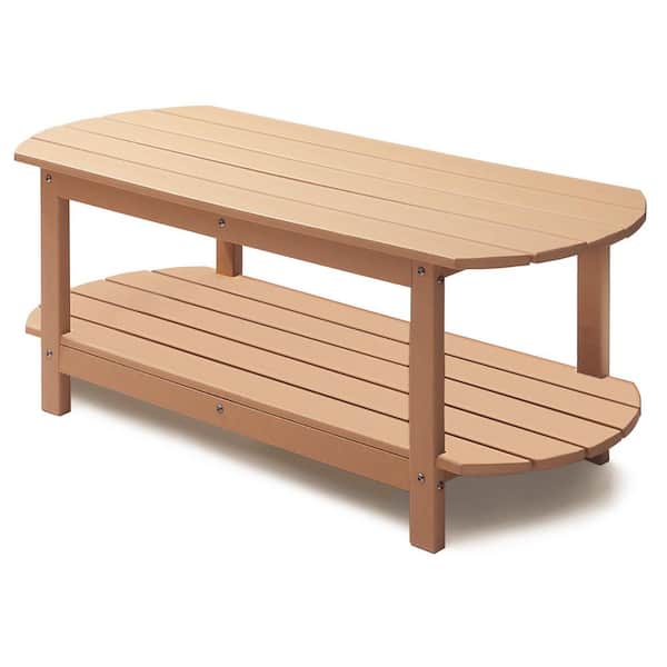 PASAMIC Teak Rectangular HDPE 18.5 in. Outdoor Patio Coffee Table with 2-Tier Storage
