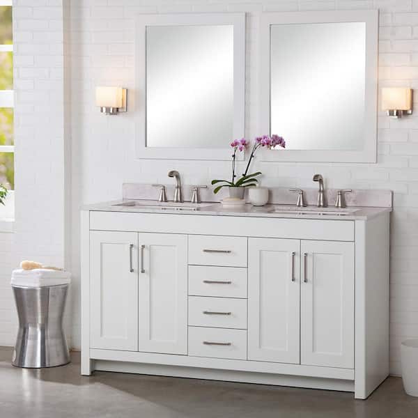 Home Decorators Collection Westcourt 61 in. W x 22 in. D x 39 in. H Double Sink  Bath Vanity in White with Pulsar  Stone Composite Top