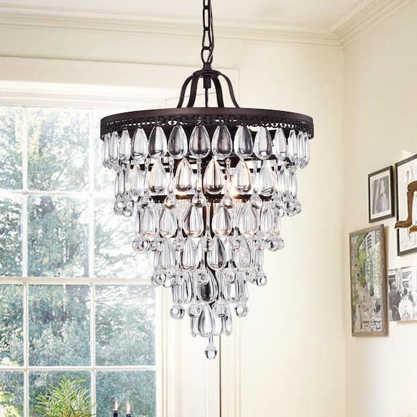 Martinee Crystal Inverted Pyramid 4-Light Antique Bronze Chandelier with  Shade