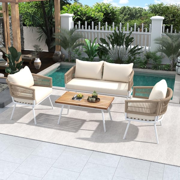 4-Piece Boho Metal Patio Conversation with Beige Cushions, Acacia Wood Table