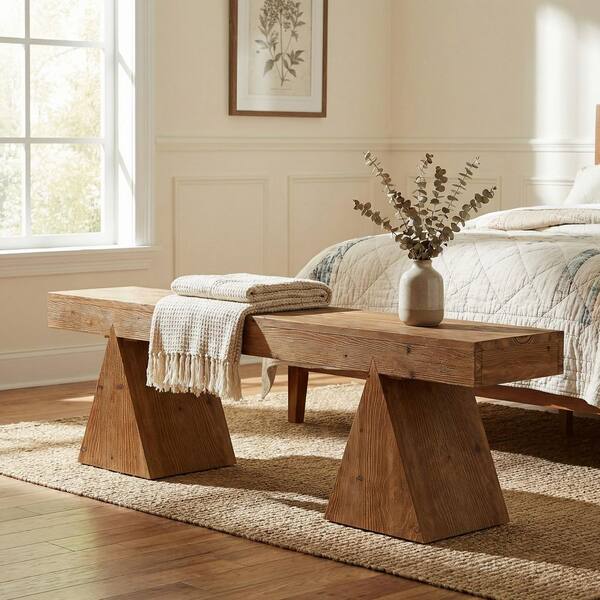 BYBLIGHT 63 in. Brown Solid Wood Entryway Bench with Triangular