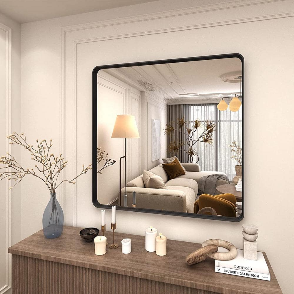 Matte Black Square Aluminum Vanity Mirror with Tempered Glass