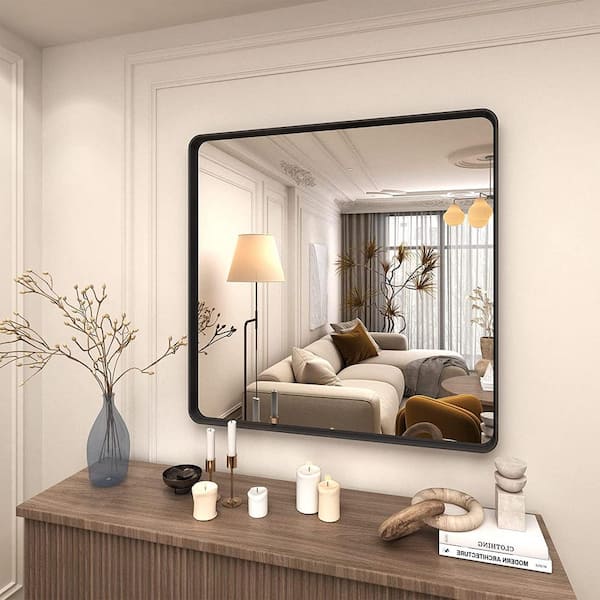 36 in. W. x 36 in. H Square Framed French Cleat Wall Mounted Tempered Glass Bathroom Vanity Mirror in Matte Black