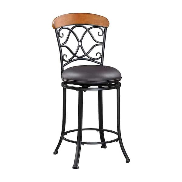 Lazzara Bonnie 24 in. Black Metal Swivel Counter Height Chair with Brown Faux Leather Seat