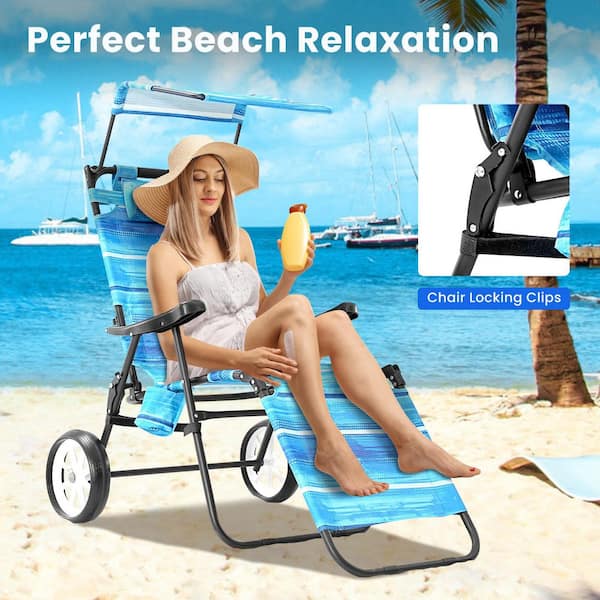 Beach Cart Chairs with Wheels 2 in 1 Heavy Duty Beach Chair with Canopy Shade Folding Lounge Chair Tanning Chair