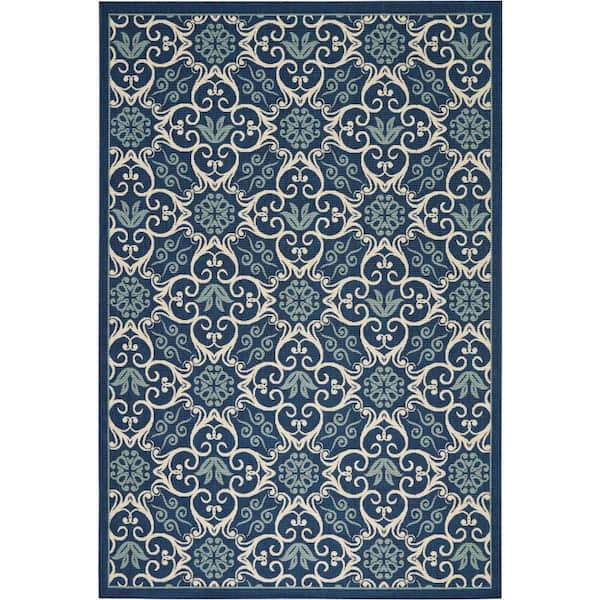 Nourison Caribbean Navy 7 ft. x 10 ft. Botanical Transitional Indoor/Outdoor Patio Area Rug