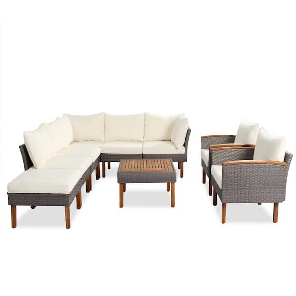 9-Piece Wicker Outdoor Sectional Set with Sectional Sofa Set, 2 Chairs, Coffee Table, Washable Beige Cushions