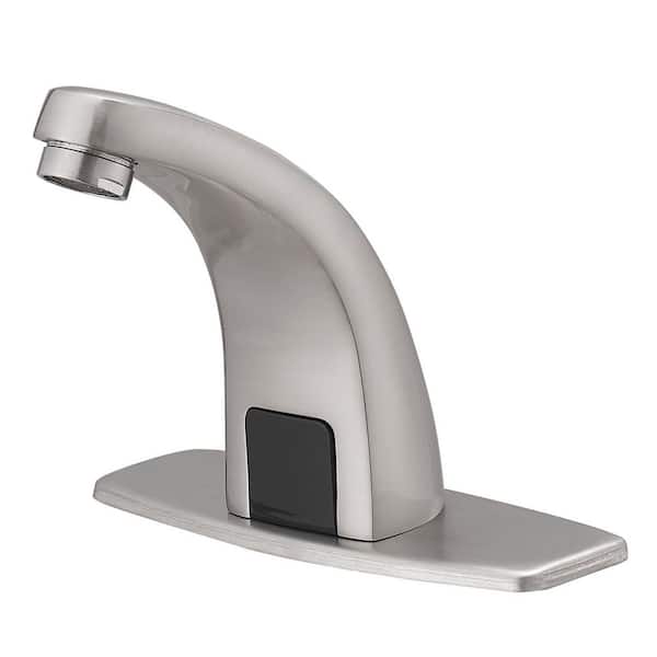Automatic Sensor Touchless Single Hole Bathroom Sink Faucet with Deck Plate in Brushed Nickel