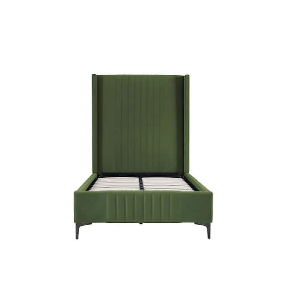 Manhattan Comfort Promenade Moss Green Mid-Century Modern Velvet Upholstered Wood Frame Twin Platform Bed