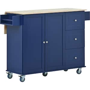 Dark Blue Wood 52.7 in. Kitchen Island with Leaf - Solid Wood Top, Locking Wheels and torage Cabinet