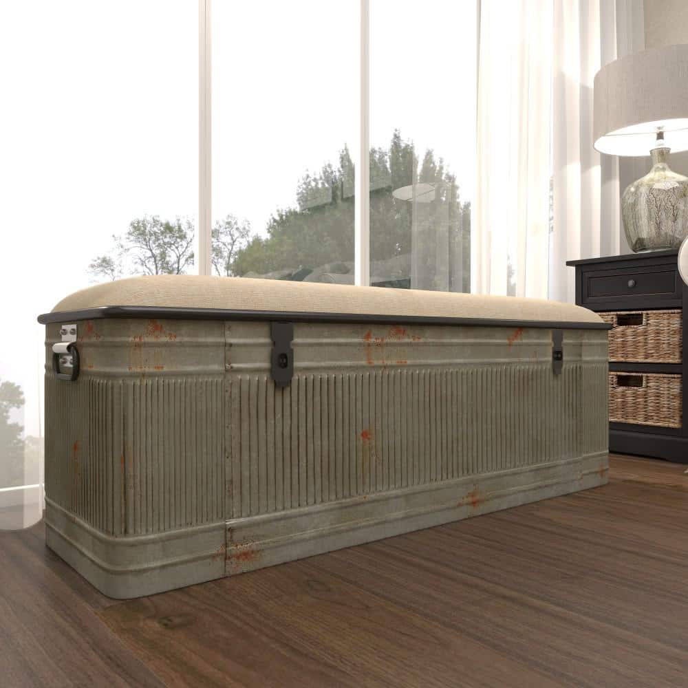 Gray Galvanized Metal Storage Bench with Beige Upholstered Seat