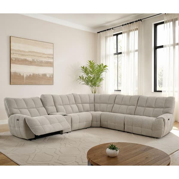 Faith 141 in. Pillow Top Arm Chenille L-Shaped Power Reclining Sectional Sofa with Oversized Seat and USB Ports in Beige