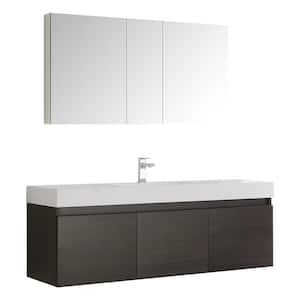 Mezzo 59 in. Vanity in Gray Oak with Acrylic Vanity Top in White with White Basin and Mirrored Medicine Cabinet