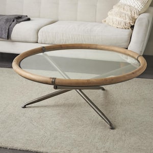 16 in. x 39 in. Brass Medium Round Metal Round Coffee Table with Brown Wooden Framed Glass Tabletop