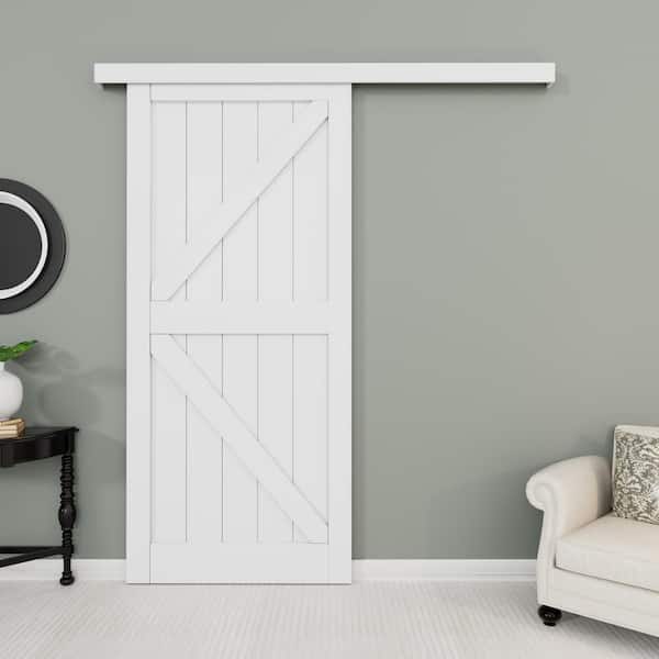 36 in. x 84 in. Hidden Track Style White K Shape Primed Solid Core MDF Sliding Barn Door with Hardware Kit