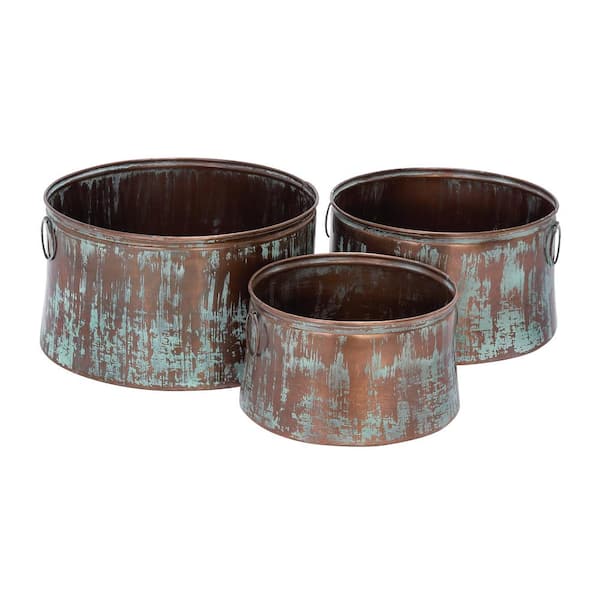 Litton Lane Rustic 14 In 17 In And 20 In Rustic Iron Drum Planters 3 Set 26905 The Home Depot