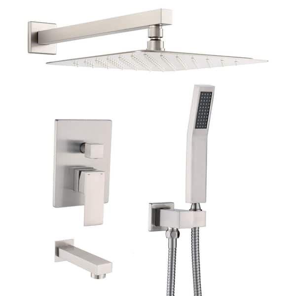 YASINU 1-Spray Square Hand Shower with Tub and Shower Faucet in Brushed Nickel (Valve Included)