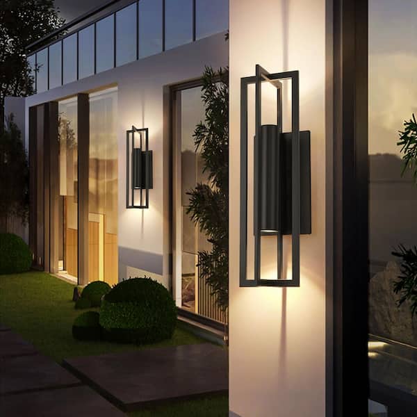 Daniel 24 in. 2-Light Modern Black Square Dimmable LED Outdoor Lantern Wall Sconce Light