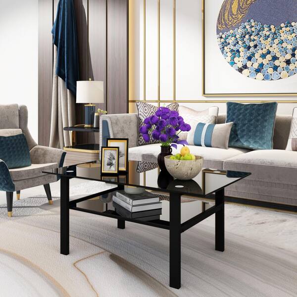 black glass coffee table with storage