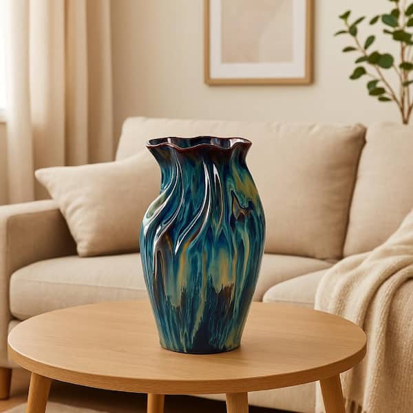 Fera 15 in. Shiny Blue Ceramic Amphora Decorative Flower Vase