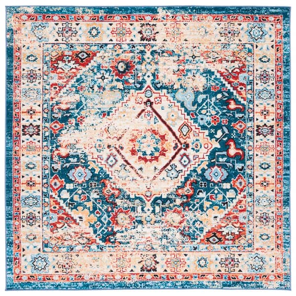 SAFAVIEH Riviera Blue/Gold 7 ft. x 7 ft. Machine Washable Medallion Border Square Area Rug