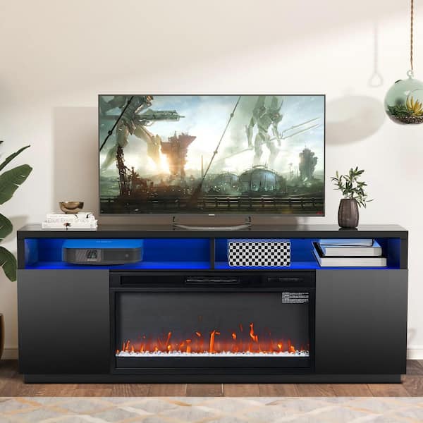 68 in. Freestanding Fireplace TV Stand for TVs Up to 75 in. with 36 in. Electric Fireplace Insert in Black