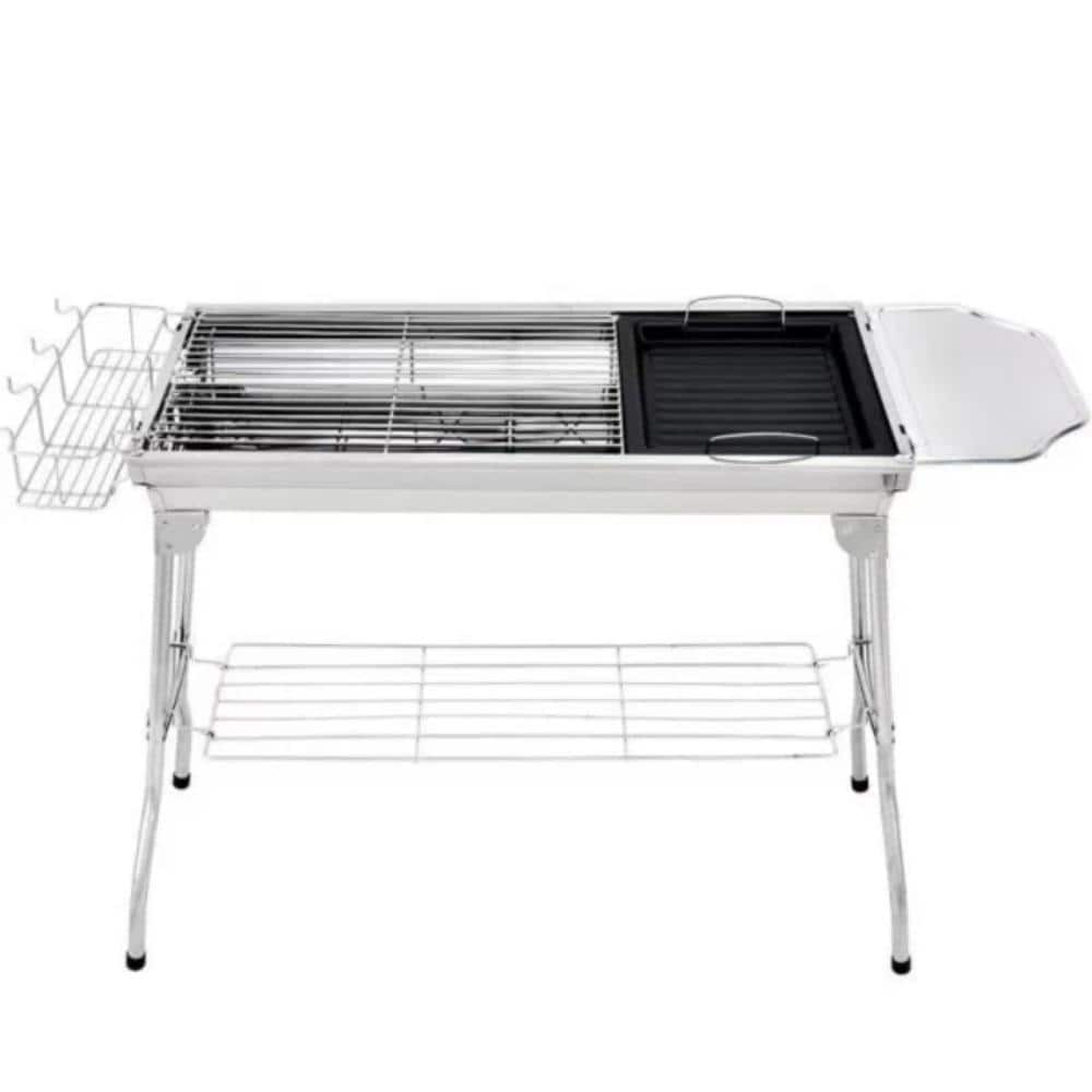 27.96 in  Heavy-Duty Portable Charcoal Grill. Stainless Steel, Silver