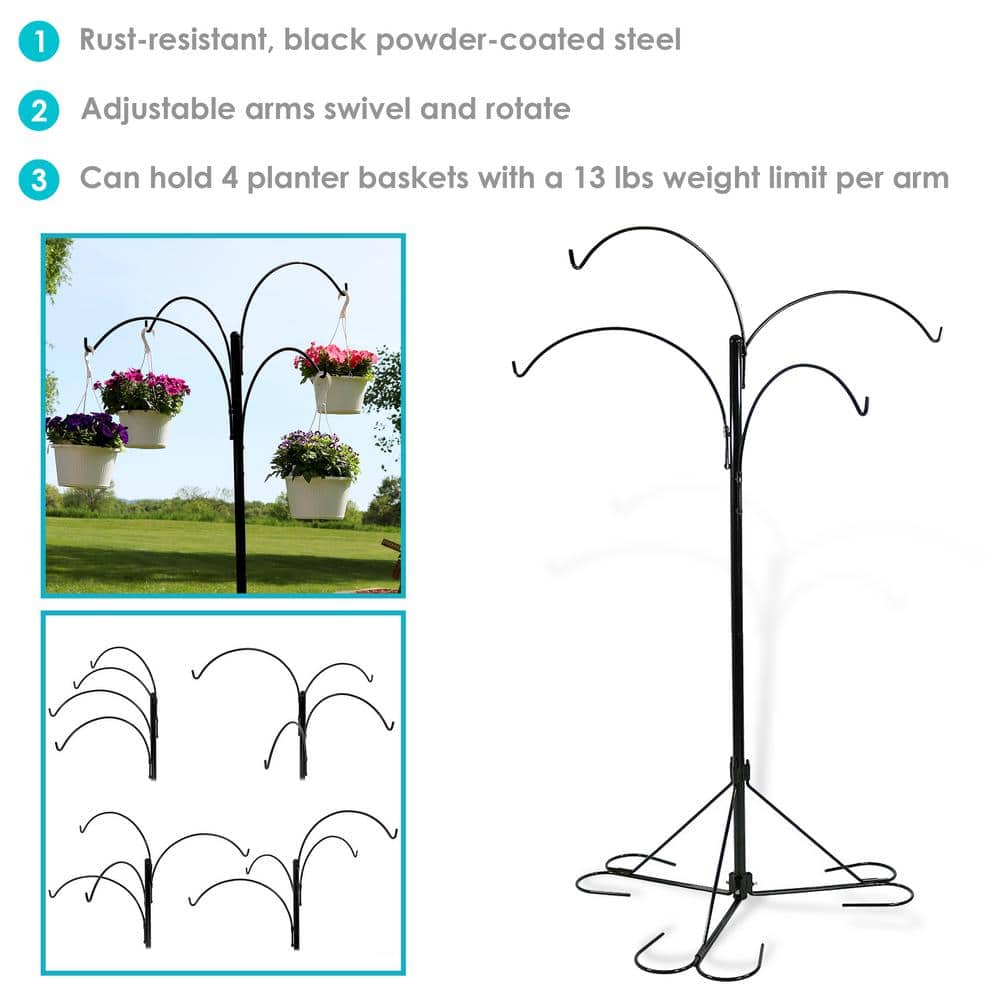 84" Black Powder-Coated Steel 4-Arm Hanging Basket Plant Stand