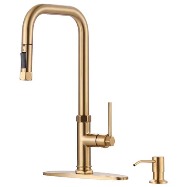 WOWOW Brass Single Handle Pull Down Sprayer Kitchen Faucet with Soap Dispenser in Gold