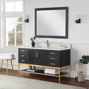 Wildy 60 in. W x 22 in. D x 34 in. H Single Sink Bath Vanity in Black Oak with White Composite Stone Top and Mirror