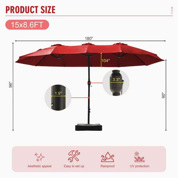 15 ft. Market Patio Umbrella with Crank, UPF50+ Polyester Canopy and Weighted Base in Chili Red