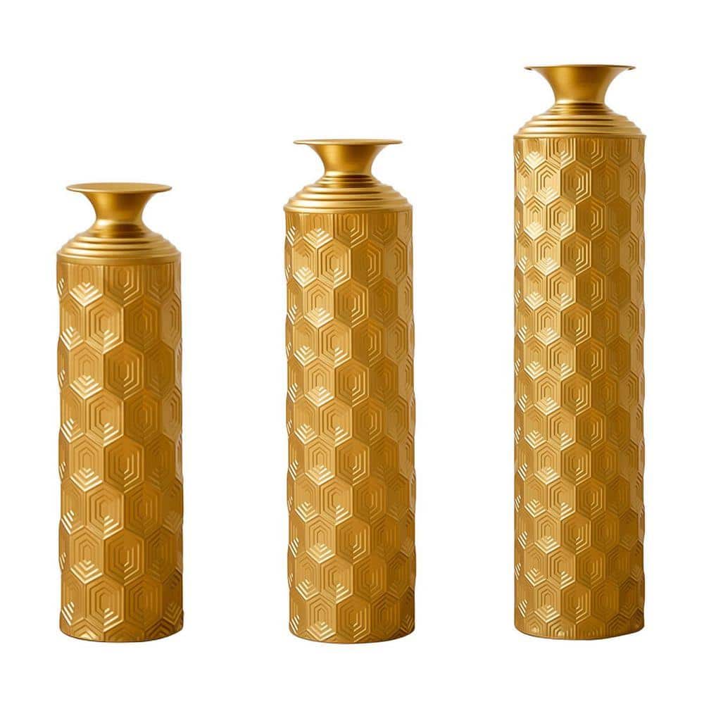 33 in. Large Gold Hexagon Textured Metal Cylinder Floor Decorative