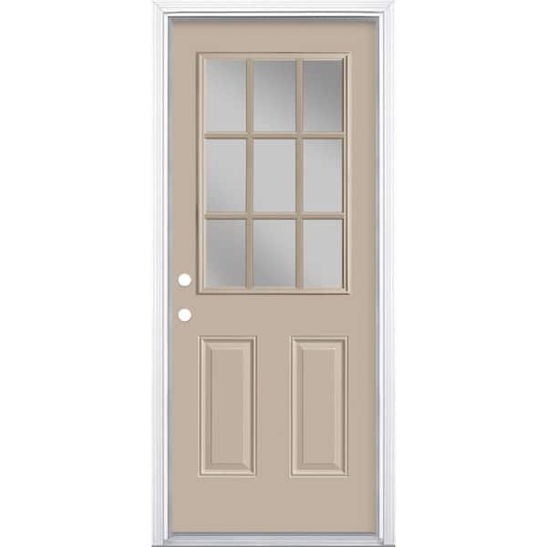 32 in. x 80 in. 9-Lite Right-Hand Inswing Canyon View Painted Steel Prehung Front Exterior Door with Brickmold