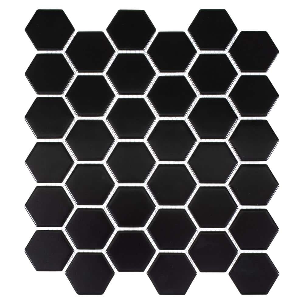Stylish Hexagon 11 in. x 12.69 in. Glossy Ivaran Black Porcelain Marble Til