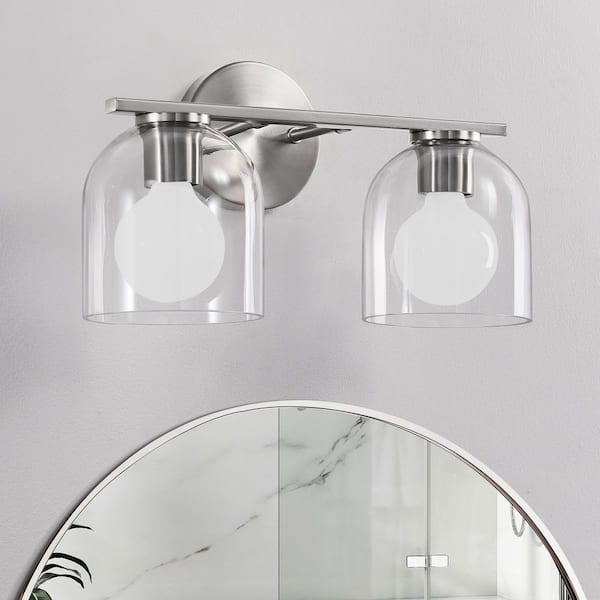 14 in. 2 Light Brushed Nickel Vanity Light With Clear Glass Shade Farmhouse Wall Sconce For Bathroom Light Fixtures
