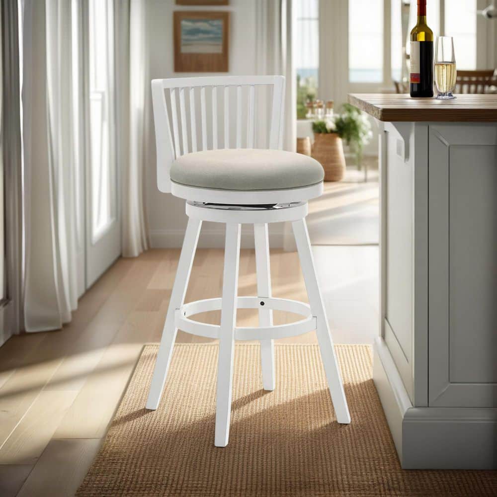 Harper 30 in. Fog/Matte White Rubberwood Bar Stool with Fabric Seat