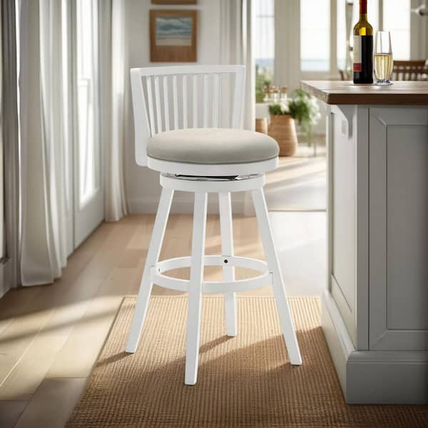 Armen Living Harper 30 in. Fog/Matte White Rubberwood Bar Stool with Fabric Seat