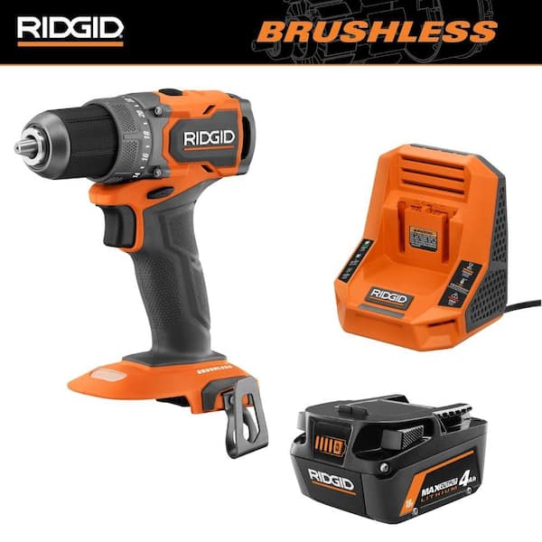 RIDGID 18V 4.0 Ah MAX Output Battery and Rapid Charger Kit with 18V SubCompact Brushless Cordless 1 2 in. Drill Driver AC9840 R87012B