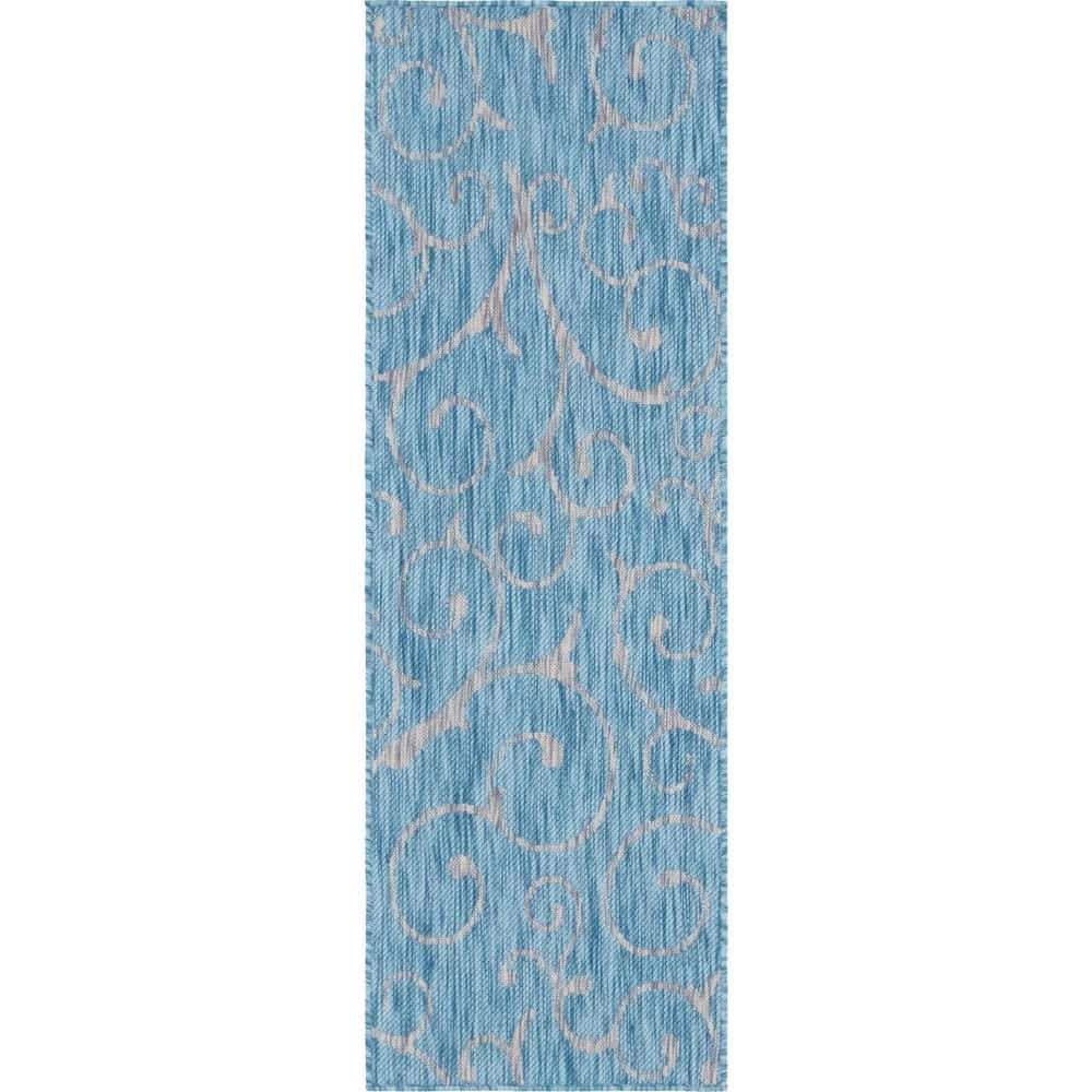 Light Aqua and Ivory Flat Woven Outdoor Runner Rug