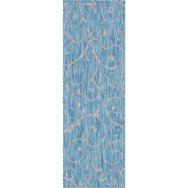Unique Loom Outdoor Curl Aqua Blue 2 ft. x 6 ft. Runner Rug