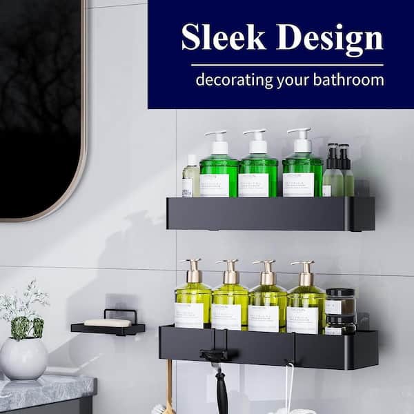 Shower Caddy Adhesive Bathroom Shelf Wall Mounted, in Black, 3 Pack
