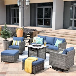Positano Gray 7-Piece Wicker Patio Fire Pit Conversation Set with Blue Cushions and Swivel Rocking Chairs