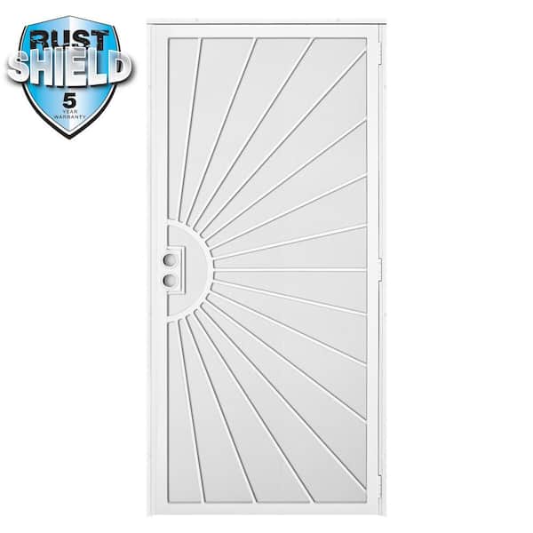 Unique Home Designs 36 in. x 80 in. Solana Rust Shield White Surface Mount Outswing Steel Security Door with Perforated Metal Screen