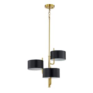 Trinity 21in. 3-Light 3 Shade Aged Brass Chandelier with Matte Black out and White Inside Metal Shade